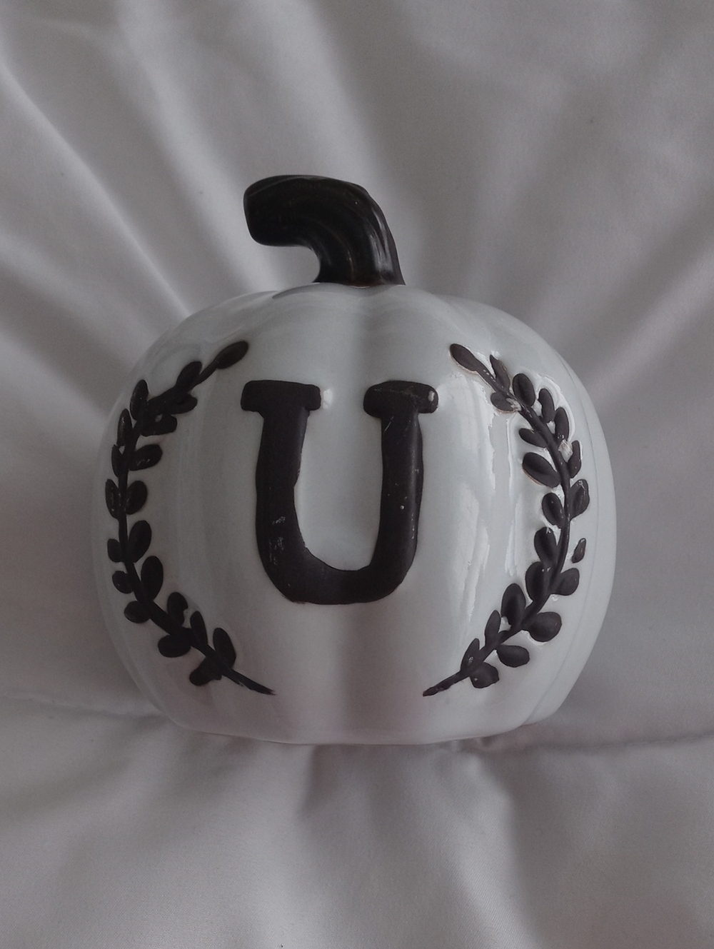Ashland White Ceramic Pumpkin with Black Letter U